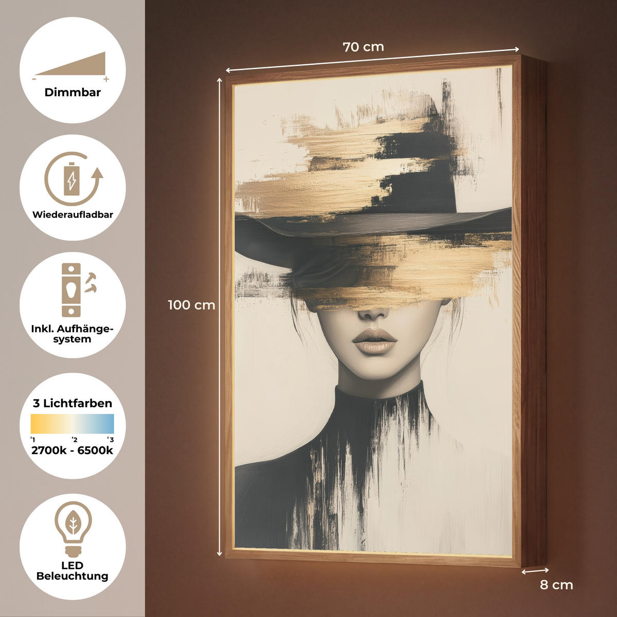 NÁSTĚNNÁ LAMPA S AKUMULÁTOREM Žena - klobouk - barva 70x100 cm - krémová, kompozitní dřevo (70/100/8cm) - OnlyWow