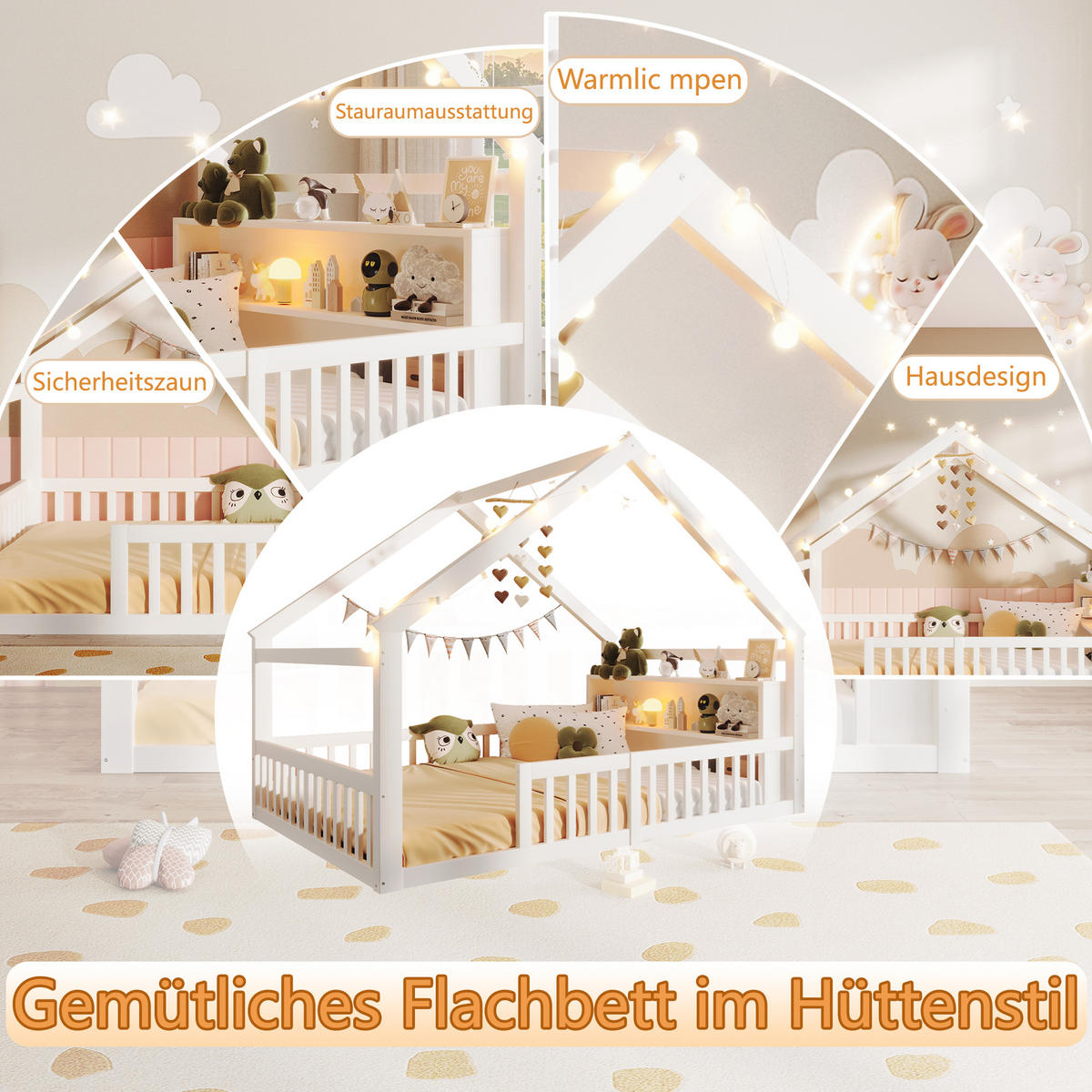 FLACHBETT 140x190cm Weiß Kiefer Kinderbett Gitter Hausleiste - Weiß, Holz (140/190cm) - FLIEKS