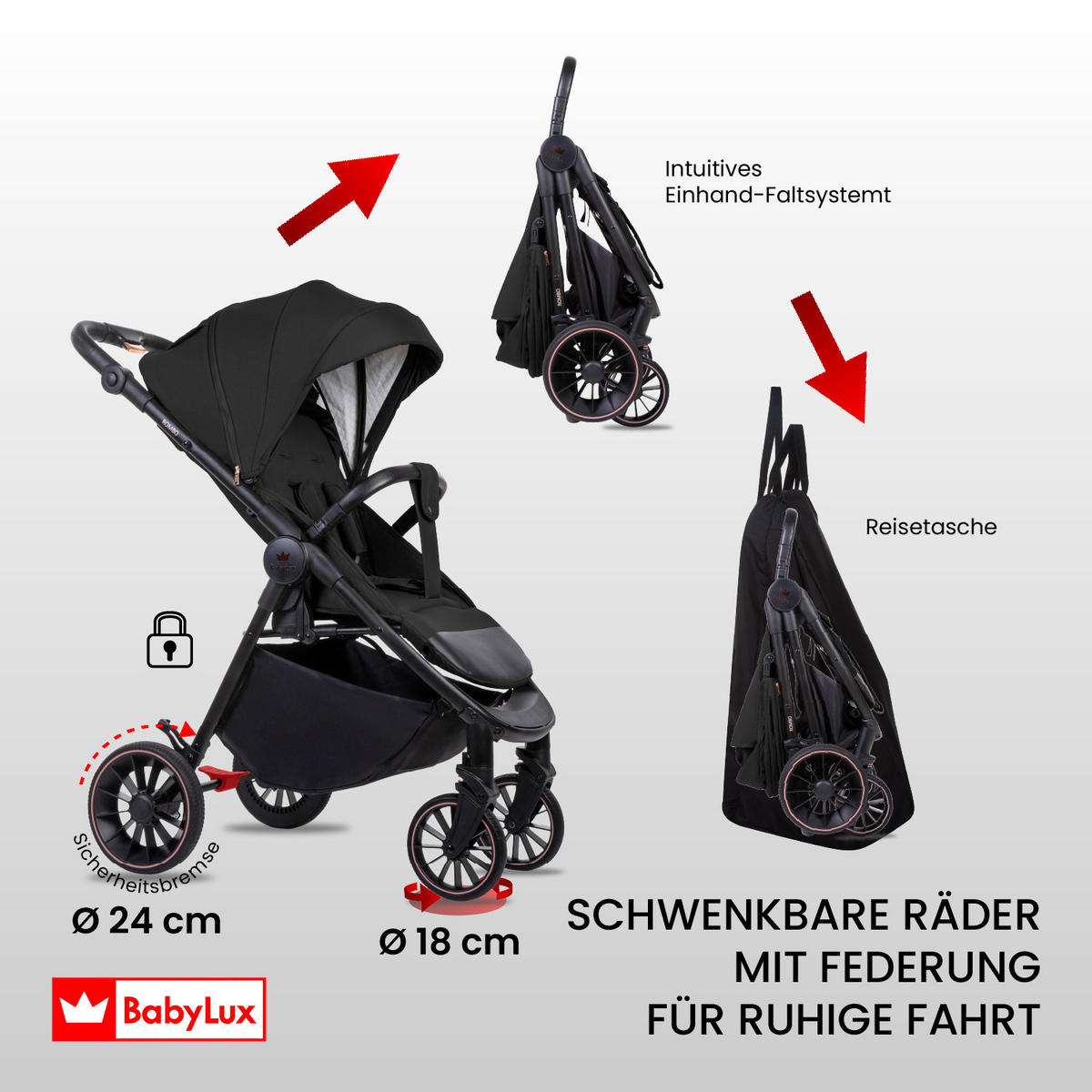 BUGGY Rombo, Klein und Leicht, Teleskopische Führung, Kompakt Faltbar, Wickeltasche, Reisetasche - Schwarz, Textil/Metall (58/98cm) - BabyLux