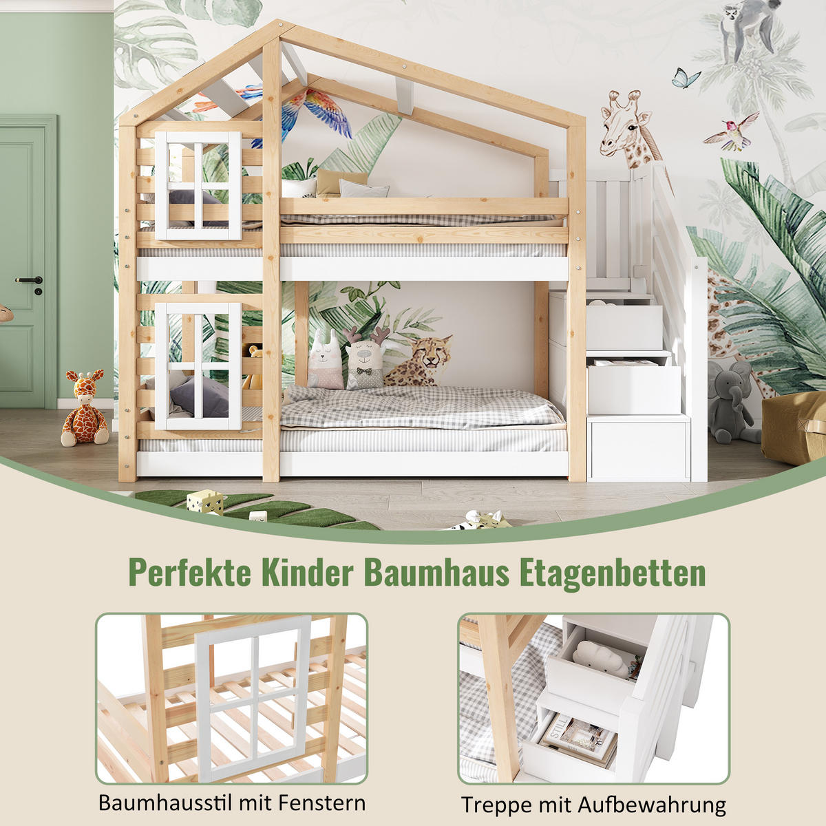 ETAGENBETT Baumhaus Natur/Weiß 90x200 cm - Naturfarben, Holz (90/200cm) - ComfortXL