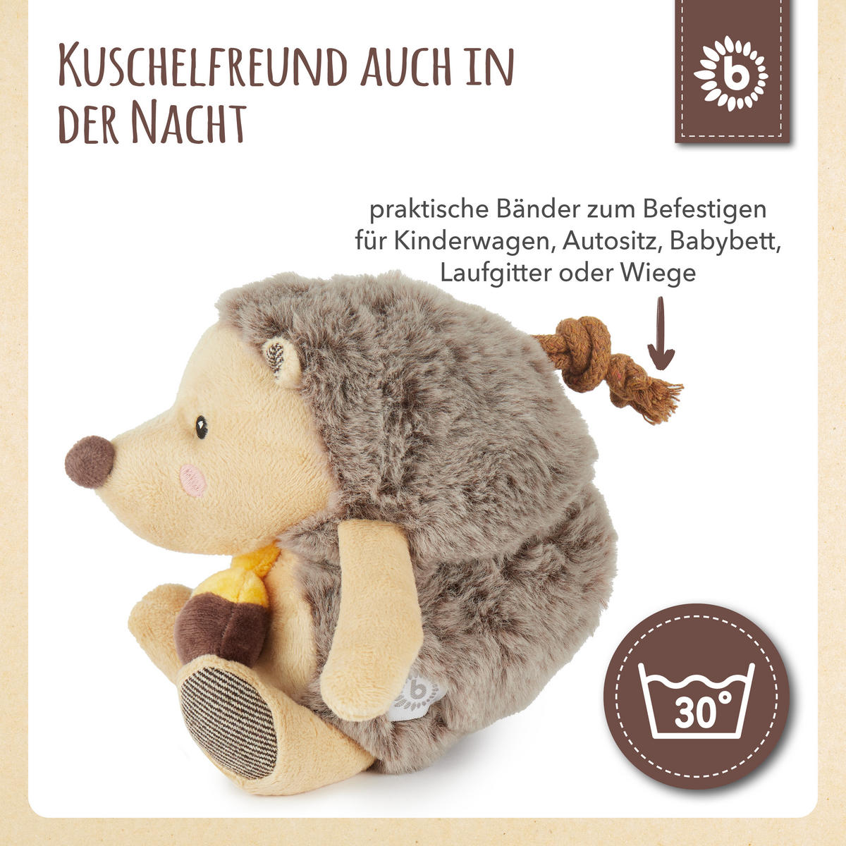 MUSIKSPIELUHR Igel - ab Geburt - Braun, Textil (12/20cm) - Bieco Spielwaren