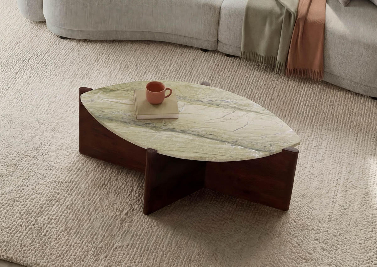 COUCHTISCH Akazie 85x50x31 braun lackiert / Marmor beige ORGANIC COLLECTION #28 - Braun, Holz (85/50/31cm) - Massivmoebel24