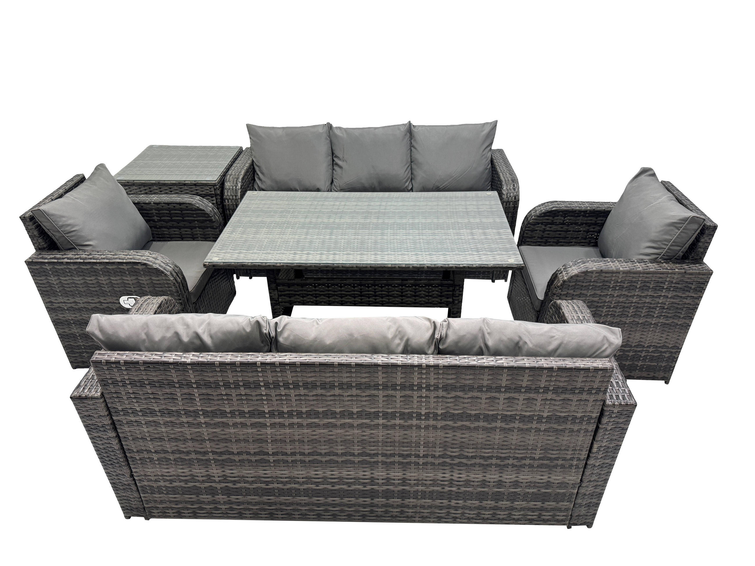 GARTENTISCHGRUPPE mit Beistelltisch Polyrattan Dunkelgrau 8-Sitzer - Dunkelgrau/Grau, Glas/Kunststoff - Fimous