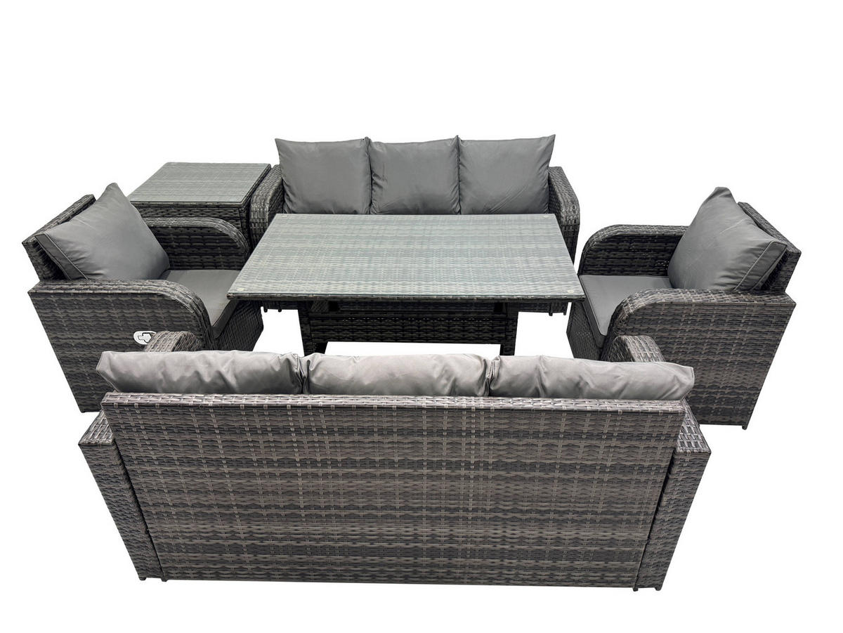 GARTENTISCHGRUPPE mit Beistelltisch Polyrattan Dunkelgrau 8-Sitzer - Dunkelgrau/Grau, Glas/Kunststoff - Fimous