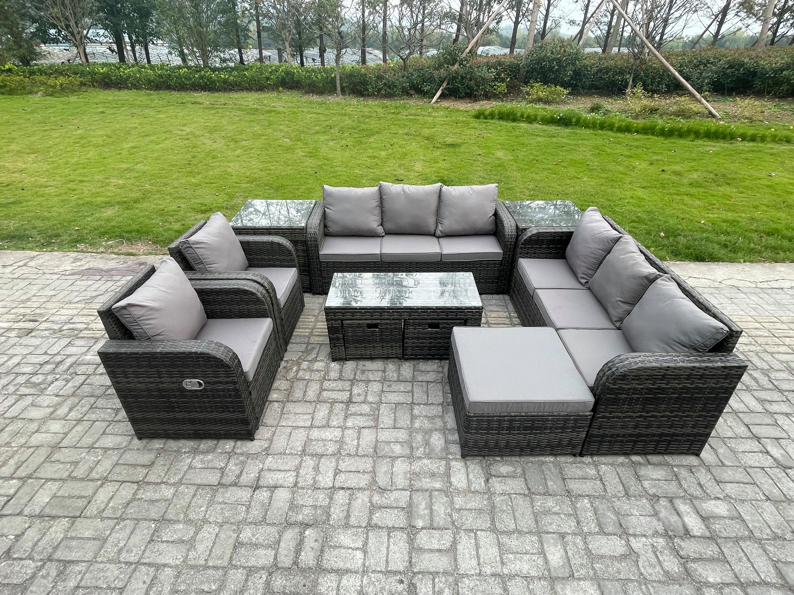 GARTENSOFA SET mit rechteckigem COUCHTISCH Polyrattan 9-Sitzer Dunkelgrau - Dunkelgrau/Grau, Glas/Kunststoff - Fimous