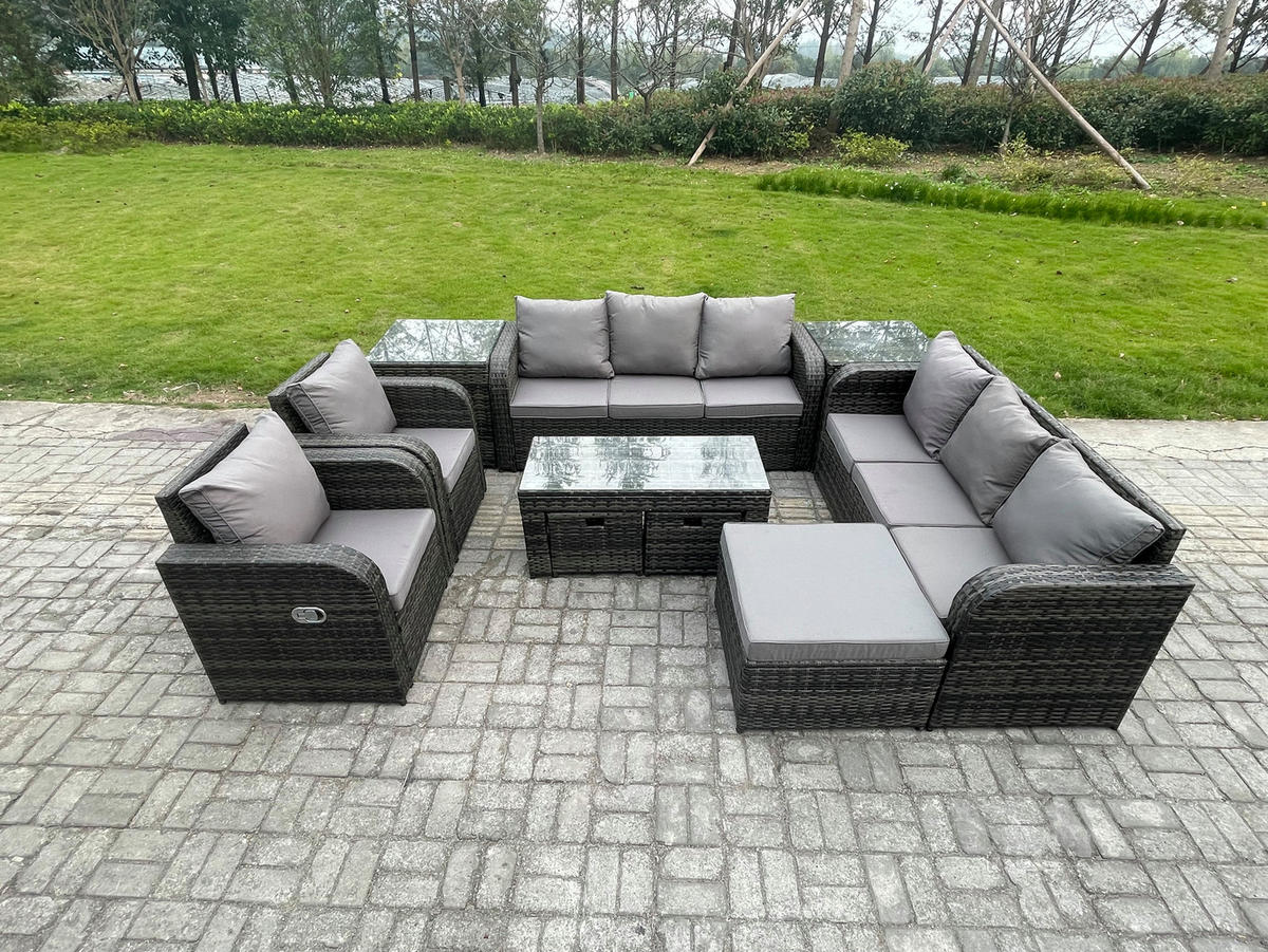 GARTENSOFA SET mit rechteckigem COUCHTISCH Polyrattan 9-Sitzer Dunkelgrau - Dunkelgrau/Grau, Glas/Kunststoff - Fimous