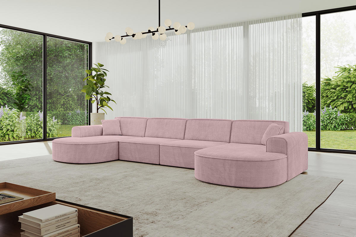 WOHNLANDSCHAFT MARI-U2 - 380x163x73,5 cm Rosa Cord - Schwarz/Rosa, Holzwerkstoff/Kunststoff (380/73.5/163cm) - ALTDECOR