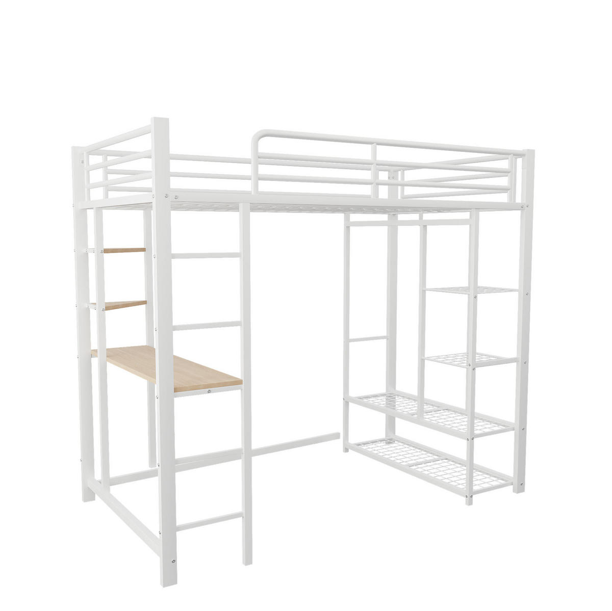 HOCHBETT 90/200 cm mit Leiter, Schreibtisch, Regal und Kleiderstange aus Metall, Weiß - Weiß, Metall (90/200cm) - Redom