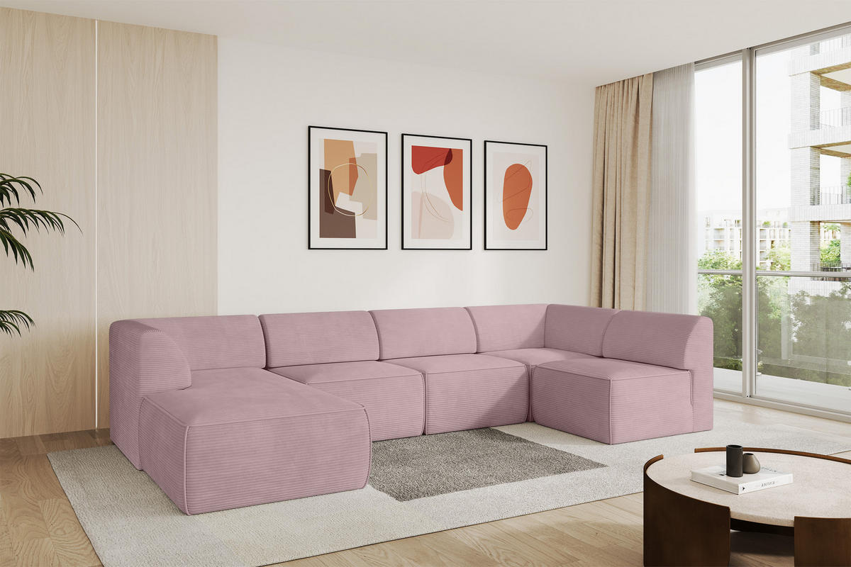 WOHNLANDSCHAFT Ottomane Links MOVO-L 345x180x78 cm Rosa Cord - Rosa, Holzwerkstoff/Kunststoff (345/78/180cm) - ALTDECOR