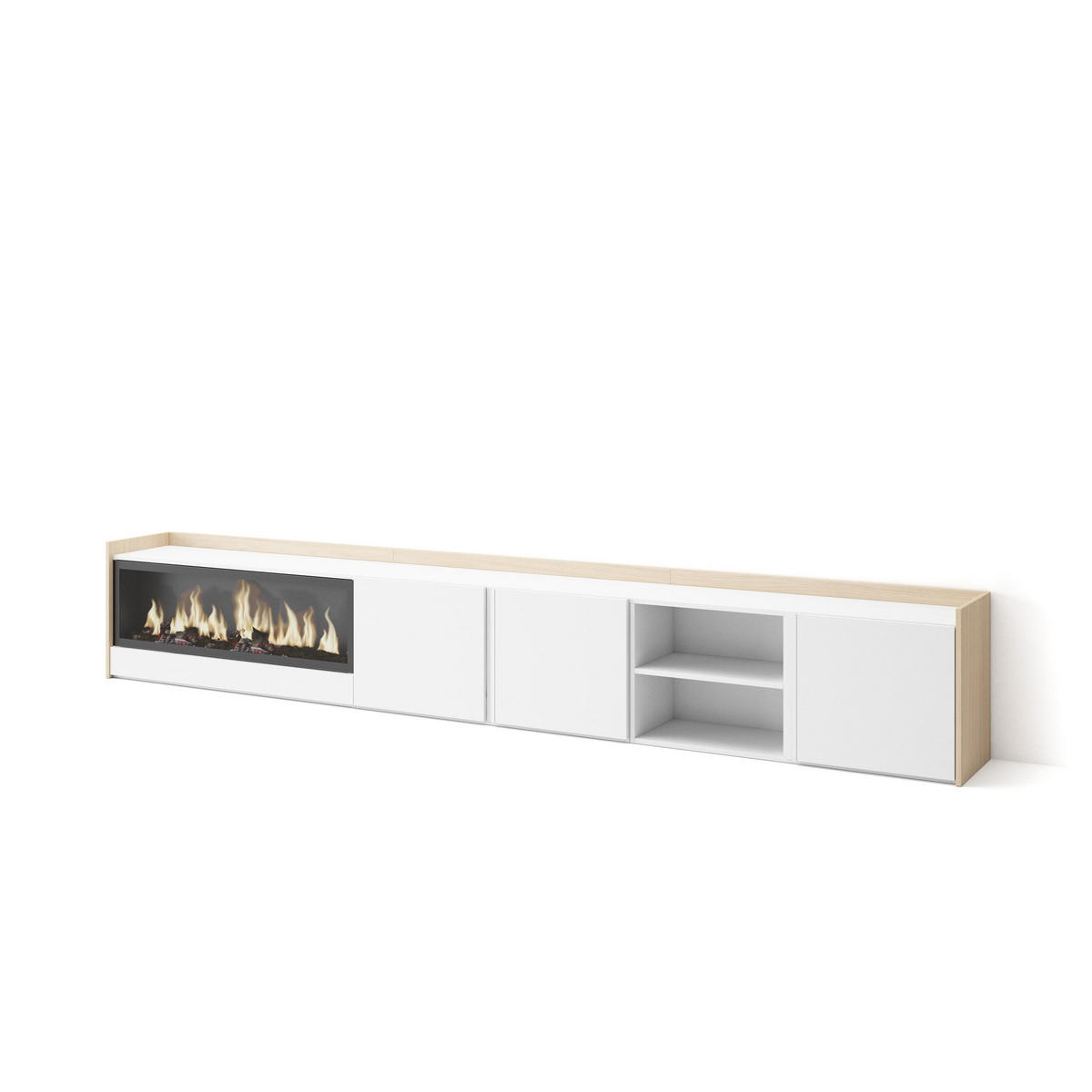 LOWBOARD, Weiß und Eiche, 315/35/50cm, Kamin mit Feuereffekt XXL - Weiß, Holzwerkstoff (315/50/35cm) - Skraut Home