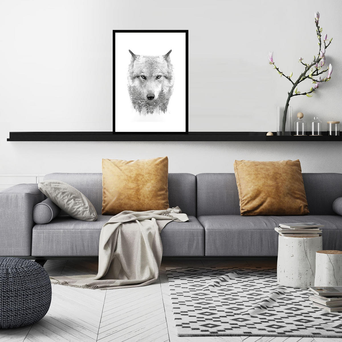 POSTER mit Rahmen 50x70 cm Wolf Schwarz-Weiß - Weiß, Holz (51/71cm) - artissimo