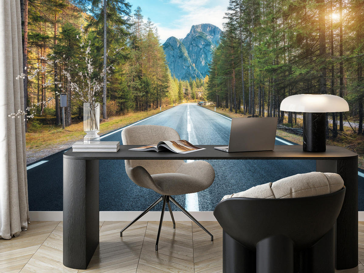 FOTOTAPETE für Wohnzimmer Asphaltstraße Bergwald Bäume Pflanzen 100x70 - Gelb/Schwarz, Papier (100/70cm) - Muralo