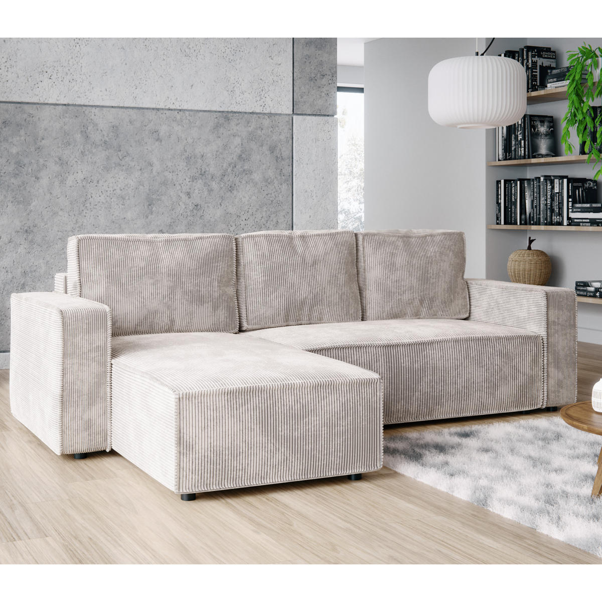 ECKSOFA BRIK 258x169 cm, Cremeweiß Cord Poso, Schlaffunktion & Bettkasten - Creme, Textil (258/169cm) - Excellent Home