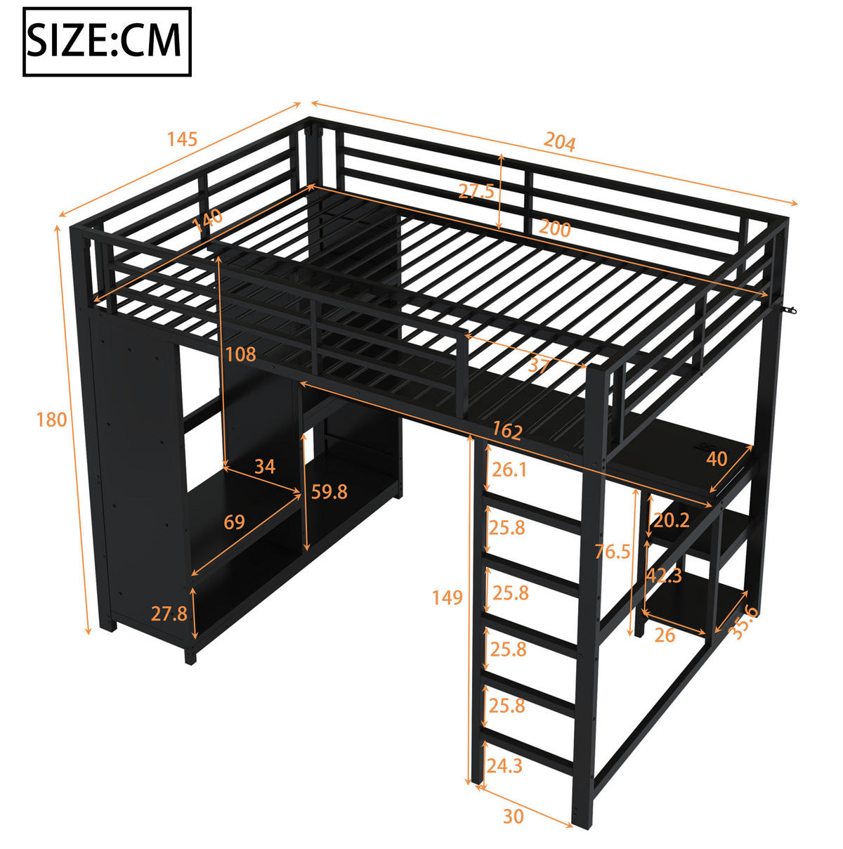 HOCHBETT 140/200 cm Schwarz aus Metall mit Schreibtisch und LED - Schwarz, Metall (140/200cm) - OKMYHOME