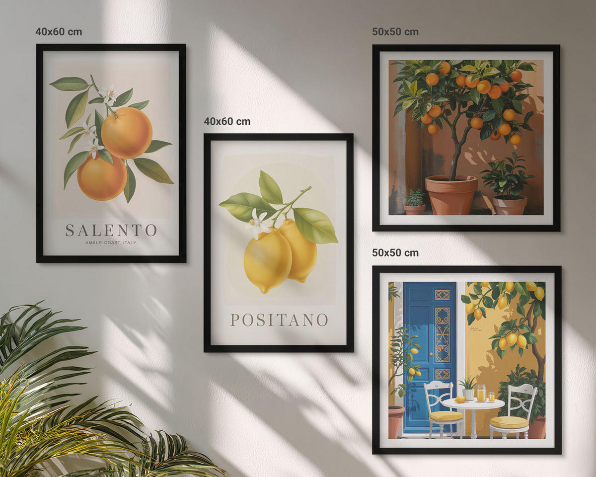 BILDER SET 4er Set - 50x50 cm & 40x60 cm Schwarzer Rahmen - Amalfi-Zitronen und -Orangen - Schwarz, Kunststoff (50/50cm) - TULUP
