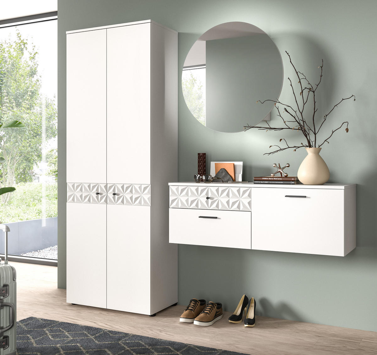 GARDEROBE Set weiß Hochglanz 195 cm, Kombination mit 3D-Struktur - Weiß Hochglanz/Schwarz, Glas/Holzwerkstoff (195/192/34cm) - Inn.Furn