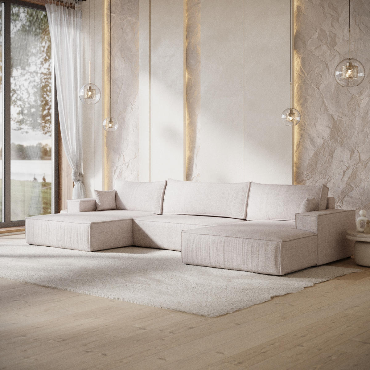 WOHNLANDSCHAFT NUBO mit Schlaffunktion Creme im Neve Stoff - Sandfarben/Schwarz, Holz/Holzwerkstoff (398/70/148cm) - AltaBeds