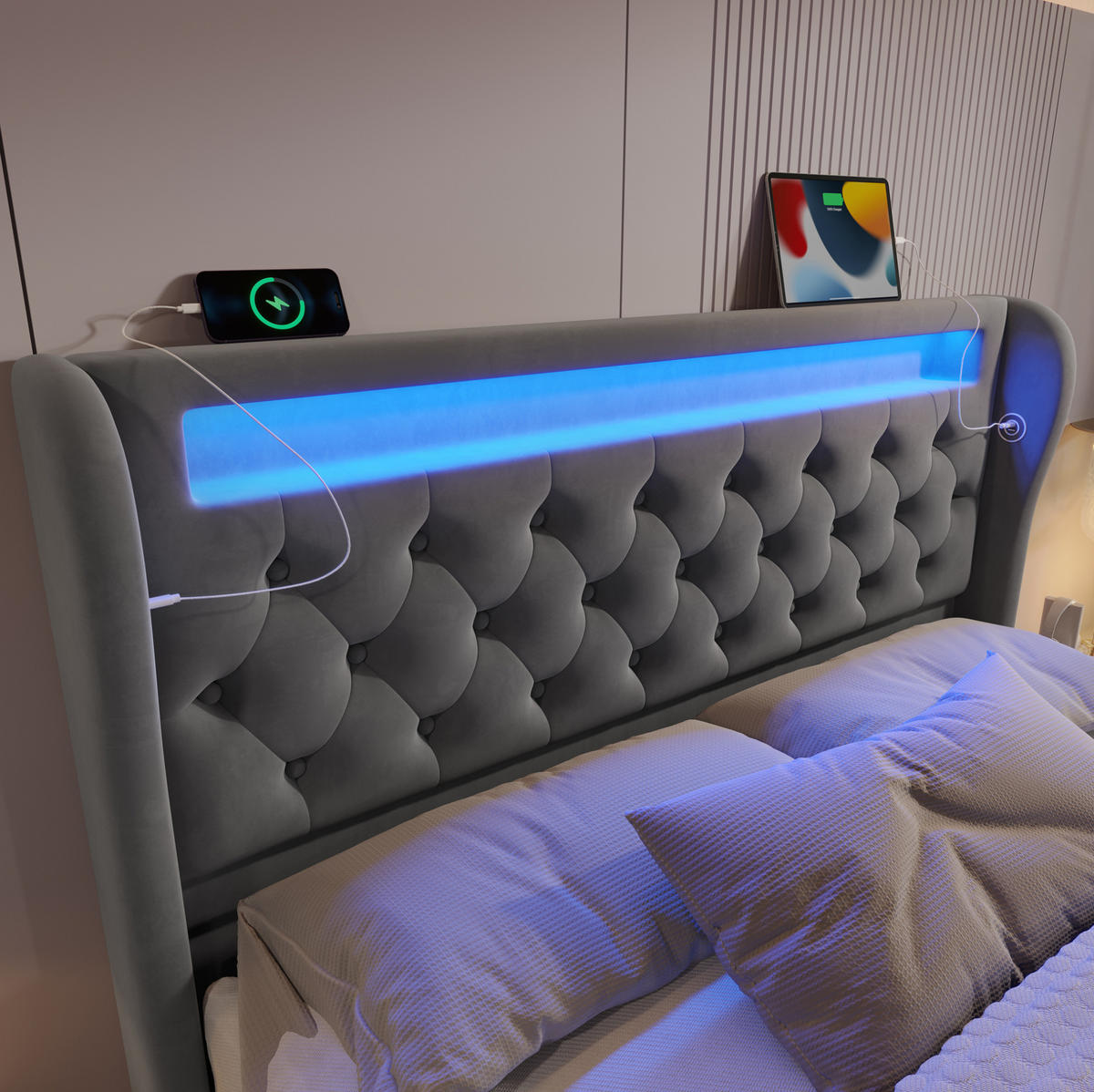 POLSTERBETT 140/200 cm Grau mit LED-Beleuchtung, Stauraum und USB- und Type-C-Anschlüssen - Grau, Textil (140/200cm) - Flora Grace