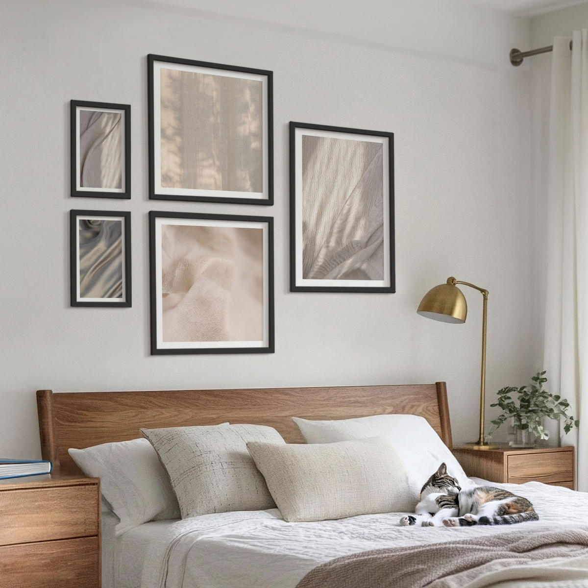 WANDBILDER 5er-Set - 50x50 cm & 20x30 cm & 40x60 cm Schwarzer Rahmen - Nahaufnahme von natürlichen Boho-Stoffen - Schwarz, Kunststoff (40/60cm) - ArtPrintCave