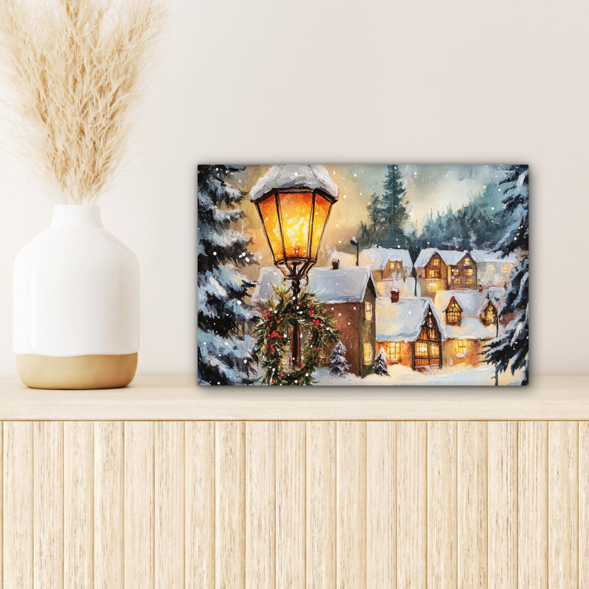 LEINWANDBILD Weihnachtsdorf - Häuser - Schnee - Weihnachten Deko Schlafzimmer 30x20 cm - Sandfarben, Textil (30/20cm) - MuchoWow