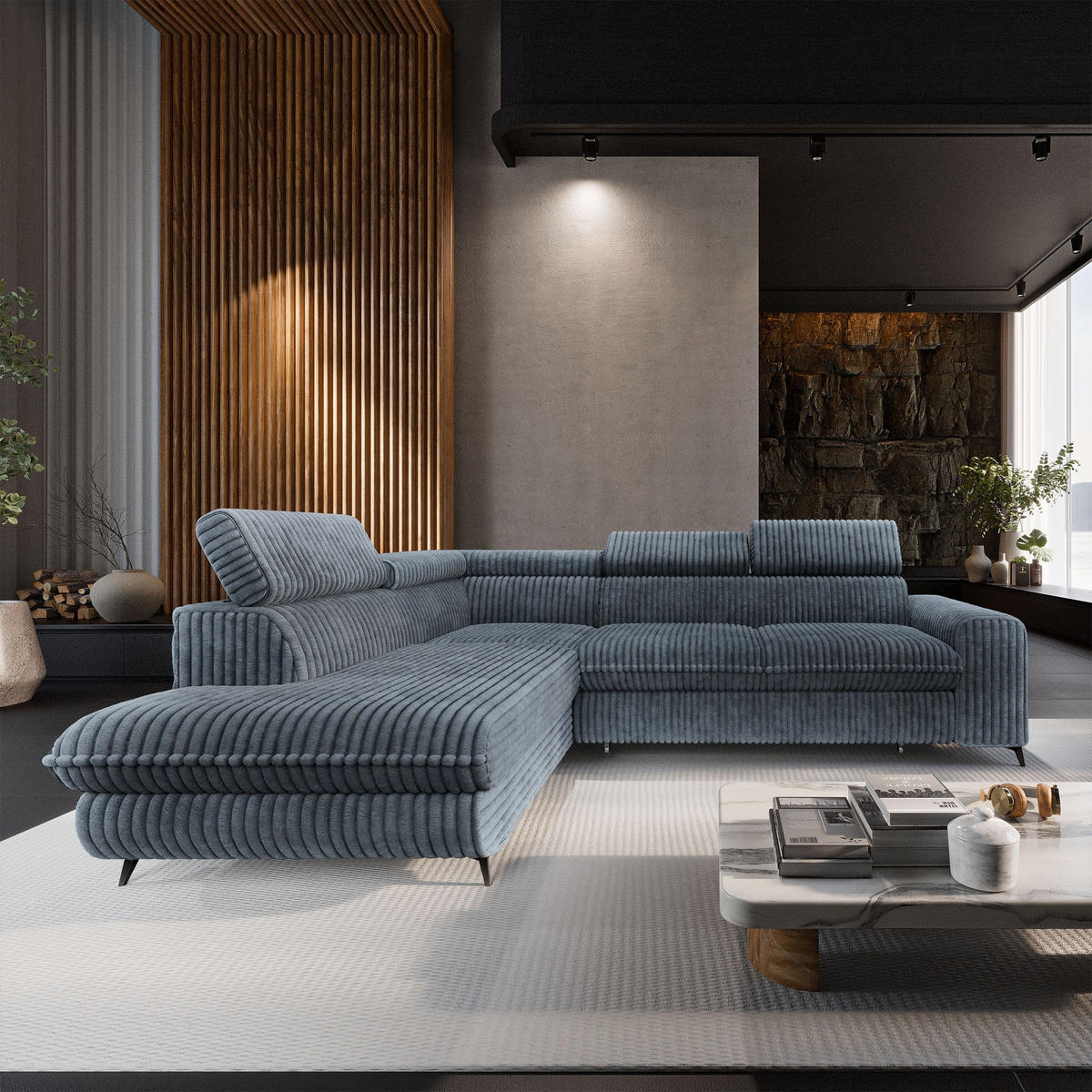 ECKSOFA VELISS Grau Kordstoff mit Schlaffunktion - Grau, Holz (255/193cm) - MASSENO