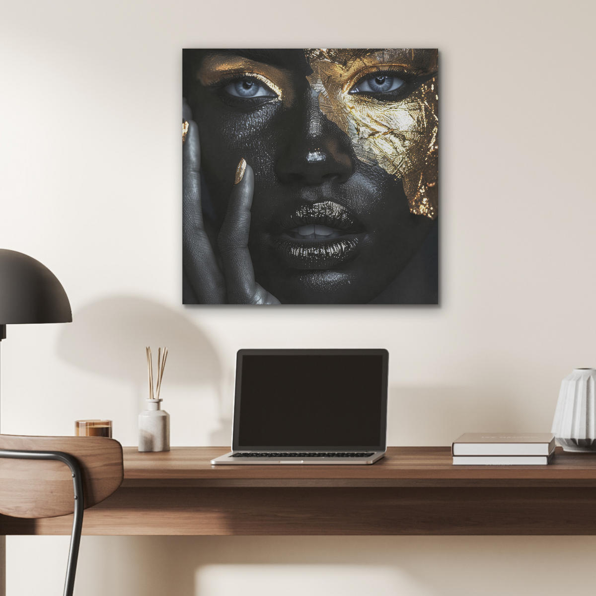 AKUSTIKBILD Frau - Gold - Porträt - Schwarz-Weiß - Luxus Wandbilder 60x60 cm - Hellblau, Kunststoff (60/60/0.9cm) - MuchoWow