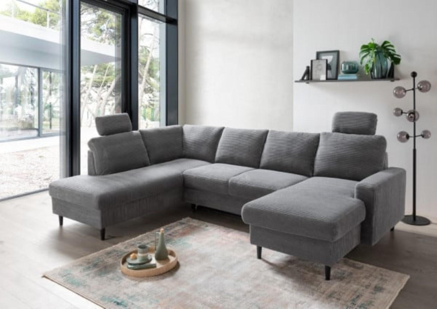 WOHNLANDSCHAFT mit Schlaffunktion und Bettkasten - Dunkelgrau/Schwarz, Textil (305/88/200cm) - myHomelando