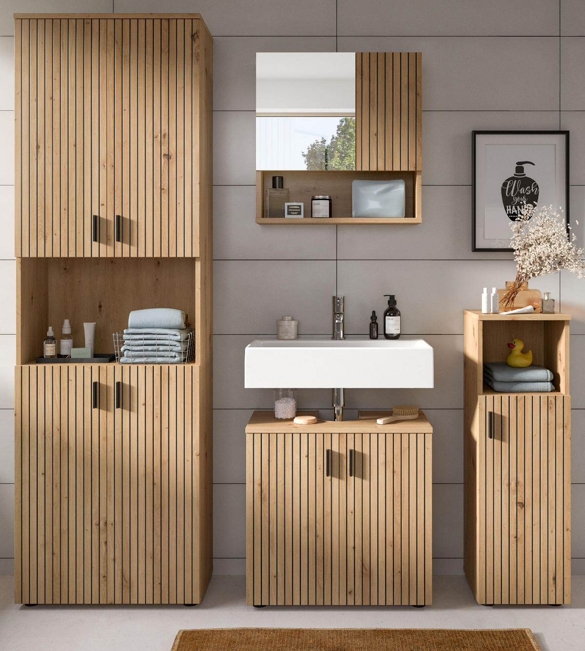 BADMÖBEL-SET Eiche Artisan 4-teilig 180 cm, Badkombination mit viel Stauraum - Schwarz/Eiche Artisan, Glas/Holzwerkstoff (180/192/30cm) - Inn.Furn