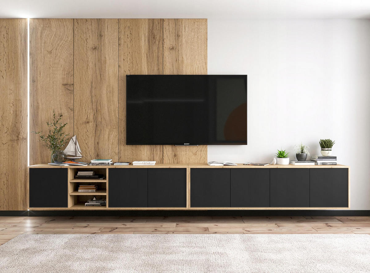 TV-LOWBOARD 2-er Set Apollo Eiche wotan Schwarz Matt 150 cm - Schwarz, Holzwerkstoff (300/39/35cm) - Meble Lindner