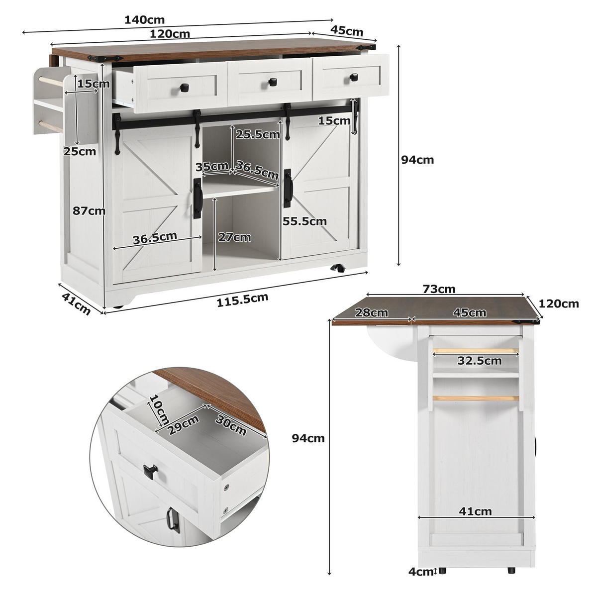 KÜCHENINSEL 140x73x94cm Weiß mit Klappplatte,Schiebetüren & 5 Rädern - Weiß, Holzwerkstoff (140/94/73cm) - Modfu