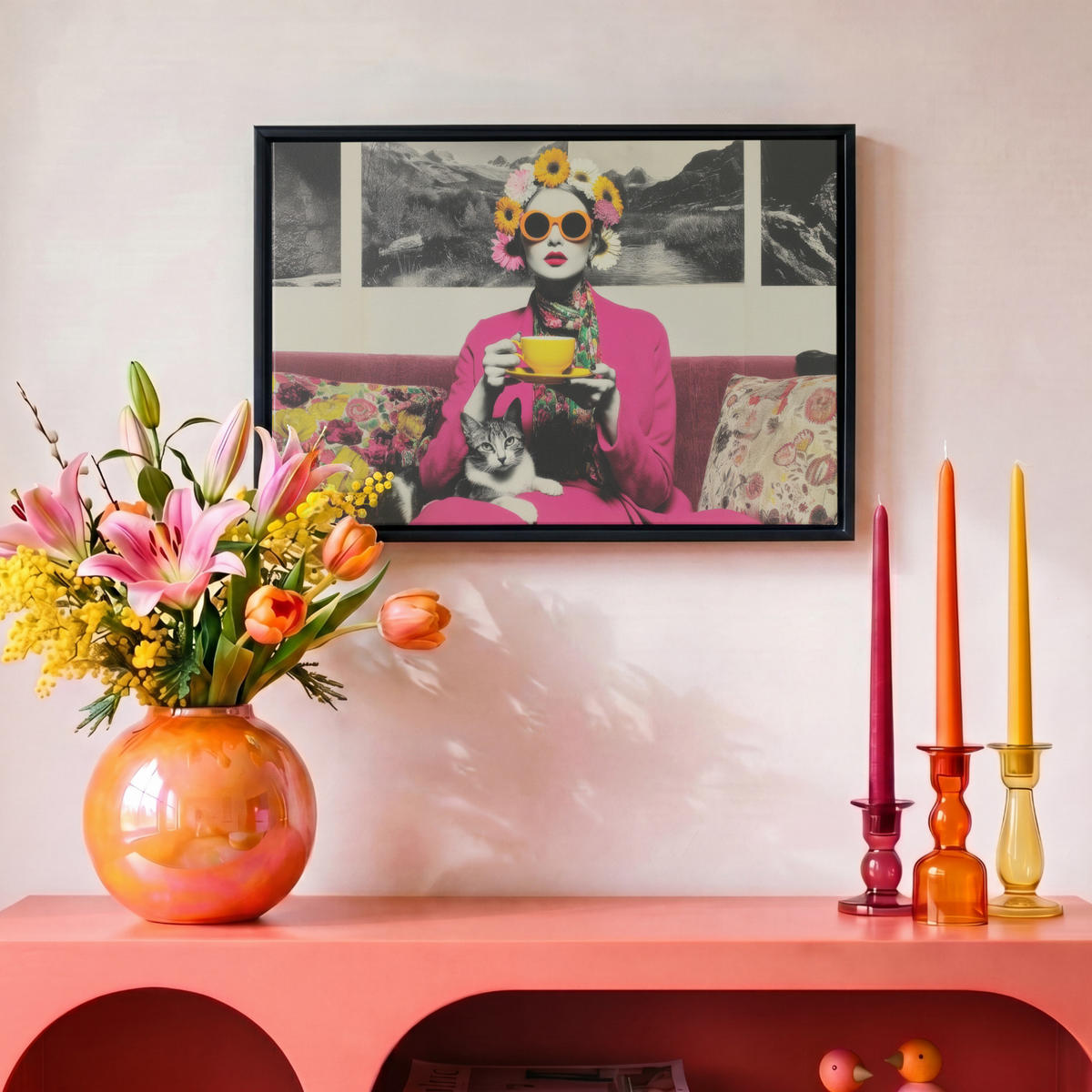 LEINWAND Bilder mit Rahmen - Frau - Katze - Blumen - Tasse - Retro - 30x20 - Magenta, Textil (30/20cm) - MuchoWow