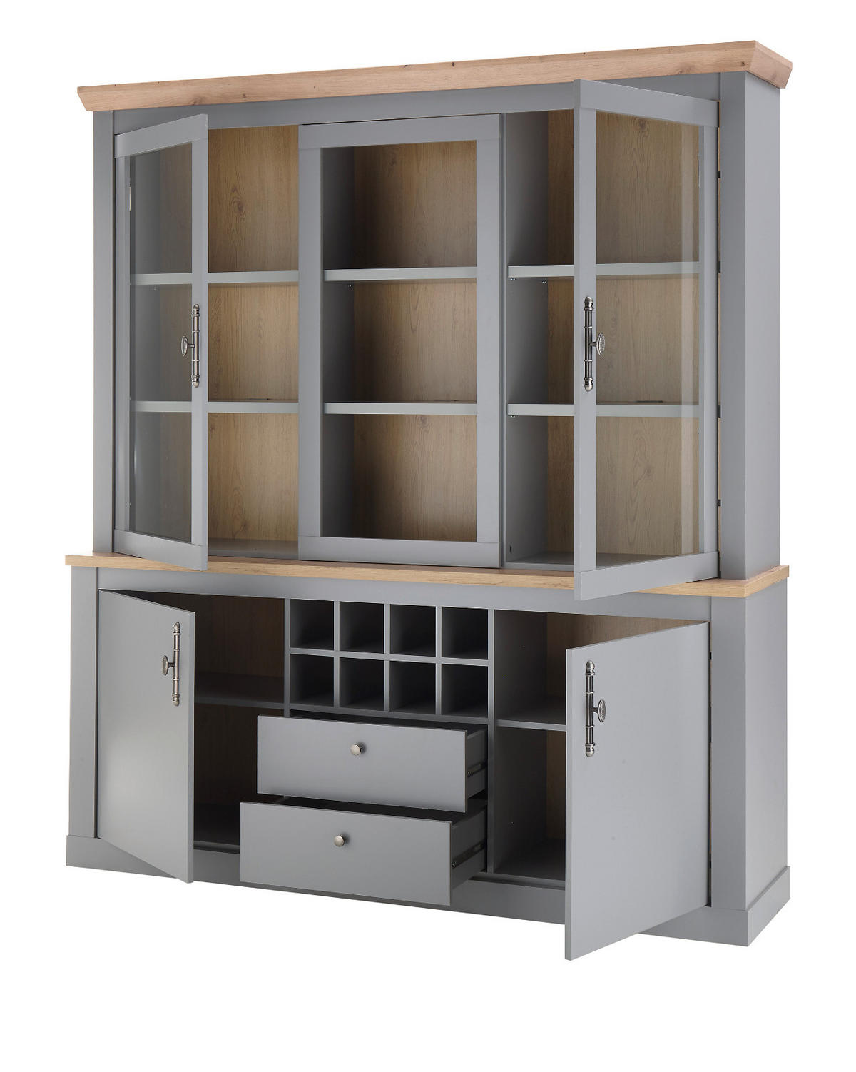 BUFFET grau, Artisan Eiche Landhaus 183 x 200 cm, Buffetschrank mit Weinregal - Silberfarben/Hellgrau, Glas/Holzwerkstoff (183/206/44cm) - Furn.Design