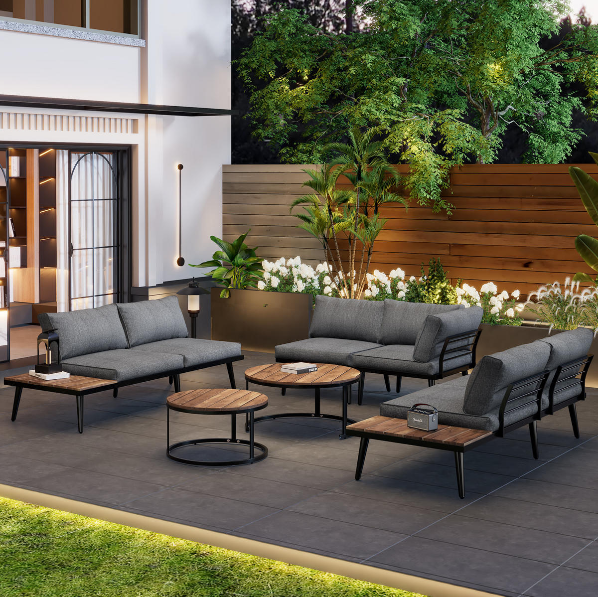 GARTENMÖBEL 160x64x75cm grau aus Stahl und Akazie, mit Kissen - Grau, Metall - Modfu