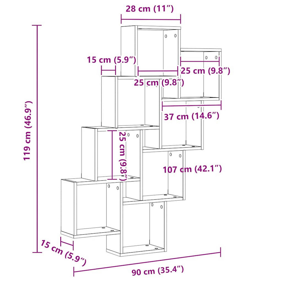 WANDREGAL mit 11 Offenen Fächern 90/15/119 cm aus Holzwerkstoff Weiß - Weiß, Holz (90/119/15cm) - vidaXL