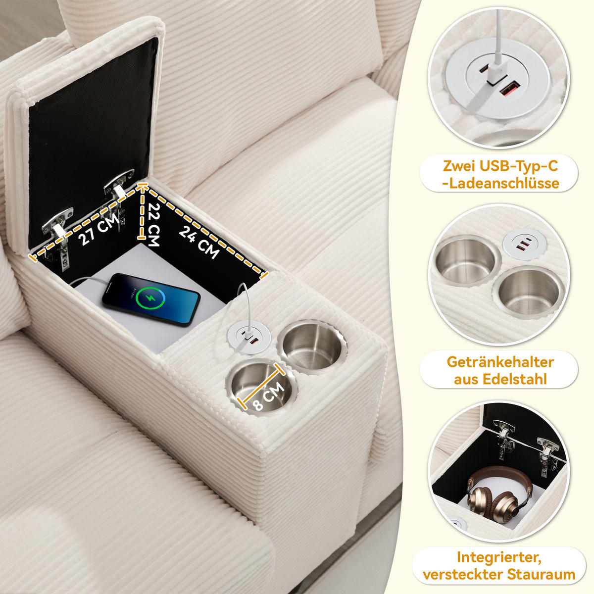 U-FORM Wohnlandschaft Cord mit Stauraum und USB-Anschluss 293/142/93 cm Beige - Beige, Kunststoff/Textil (93/293/142cm) - Redom