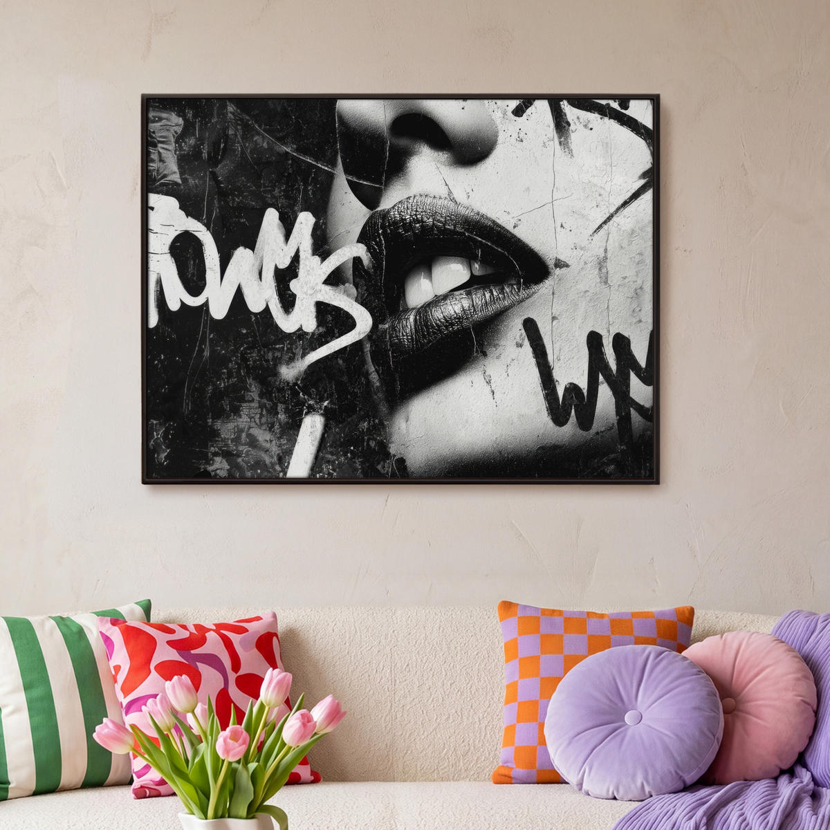 LEINWAND Bilder mit Rahmen - Gesicht - Mund - Graffiti - Schwarz - 100x70 - Schwarz, Textil (100/70cm) - MuchoWow