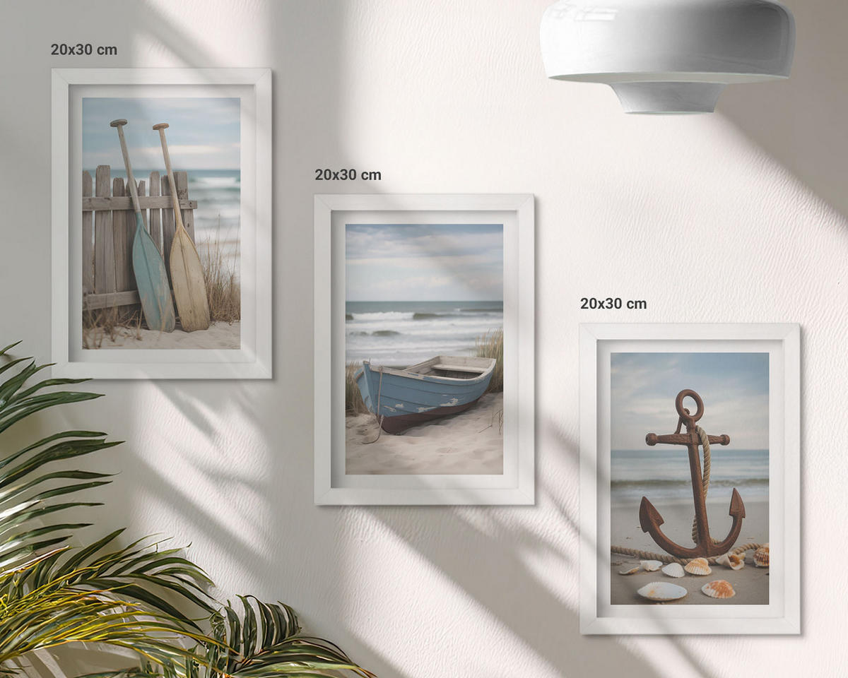 BILDER SET 3er Set - 20x30 cm Weißer Rahmen - Strandbootanker Sand - Weiß, Kunststoff (20/30cm) - TULUP