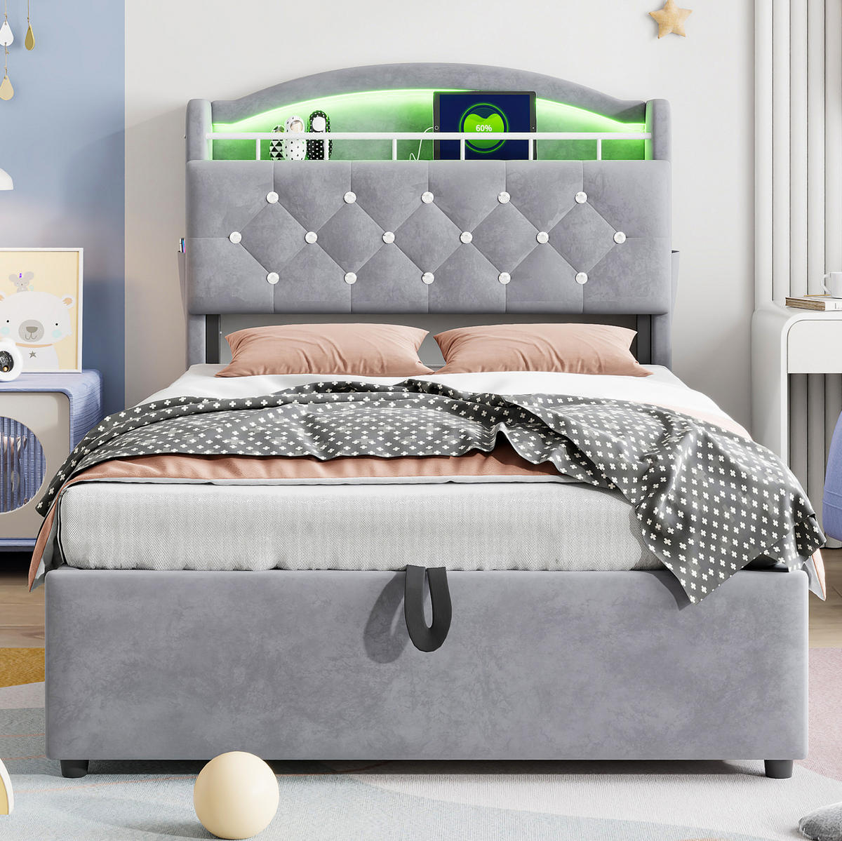 POLSTERBETT aus Samt 90x200 cm Grau mit LED-Beleuchtung, USB-C-Anschluss und Bettkasten - Grau, Textil (90/200cm) - Modfu