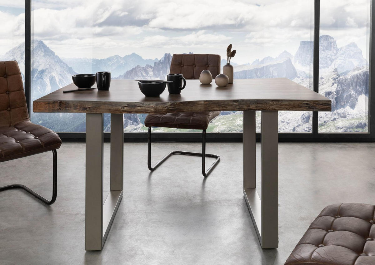 BAUMTISCH Akazie 140x90x77 grau lackiert / U-Beine silber matt FREEFORM 5 - Silberfarben/Grau, Holz (140/90/77cm) - Massivmoebel24