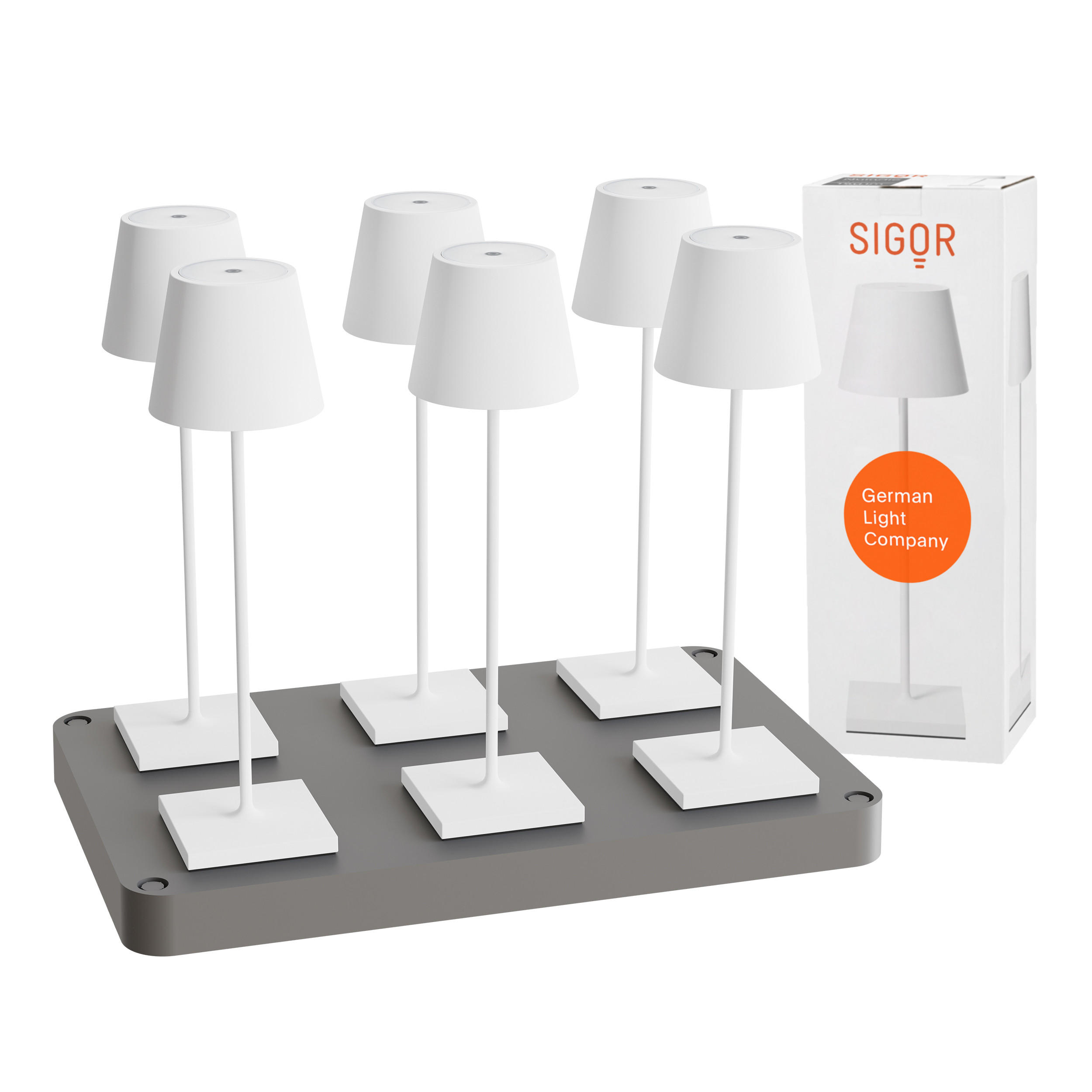 LED Akku-Tischlampe, Nuindie 3.0 6er-Set mit Ladestation, schneeweiß - Weiß, Metall (38/10/38cm) - Sigor