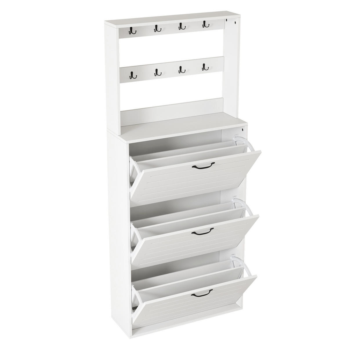 SCHUHSCHRANK 70/25/165 cm aus Spanplatte mit 8 Haken und 3 Schuhregalen für 10-15 Paar Schuhe, Weiß und Schwarz - Weiß, Holzwerkstoff (70/163/25cm) - Redom
