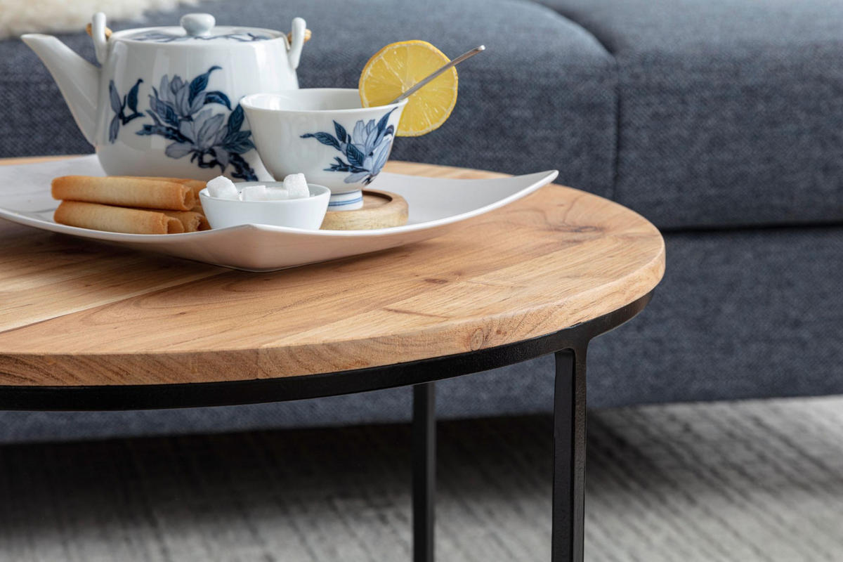 COUCHTISCH Naturholz mit stabiler Konstruktion und runder Ablage, Belastbarkeit 50 kg - Beige/Schwarz, Holz/Metall (60/60/43cm) - KADIMA DESIGN