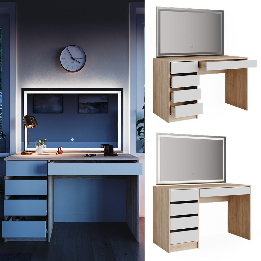 SCHMINKTISCH Sherry Weiß/Sonoma 120 cm mit LED-Spiegel - Weiß/Sonoma Eiche, Holzwerkstoff (120/75/55cm) - Vicco