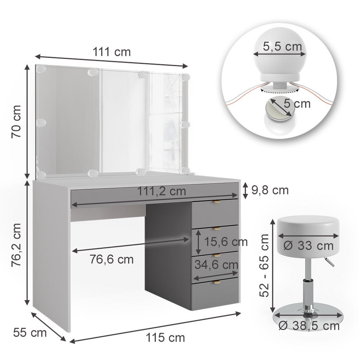 SCHMINKTISCH Elise Weiß/Grau/Grau 115 cm mit LED Beleuchtung und Hocker - Weiß/Grau, Holzwerkstoff (115/76/55cm) - Vicco