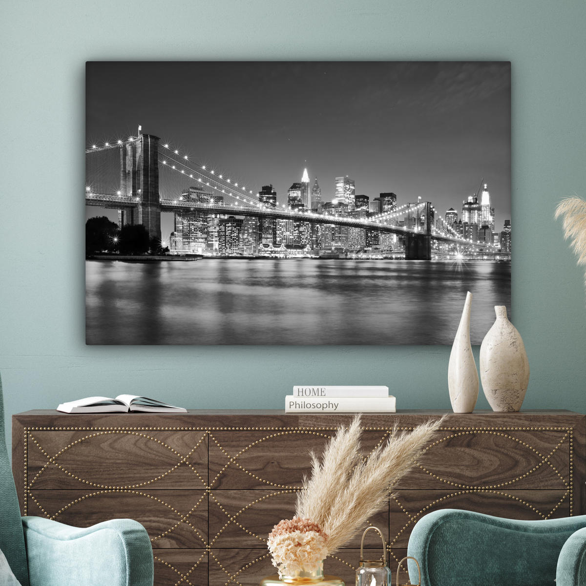 OBRAZ NA PLÁTNE New York - Most - Brooklyn - Čiernobiely - Architektúra 120x80 cm - čierna, textil (120/80cm) - MuchoWow