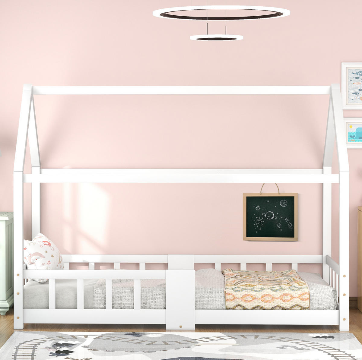KINDERBETT Hausbett 90/200 cm mit Tafel, Lattenrost und Rausfallschutz aus Massivholz, Weiß - Weiß, Holz (90/90cm) - Redom