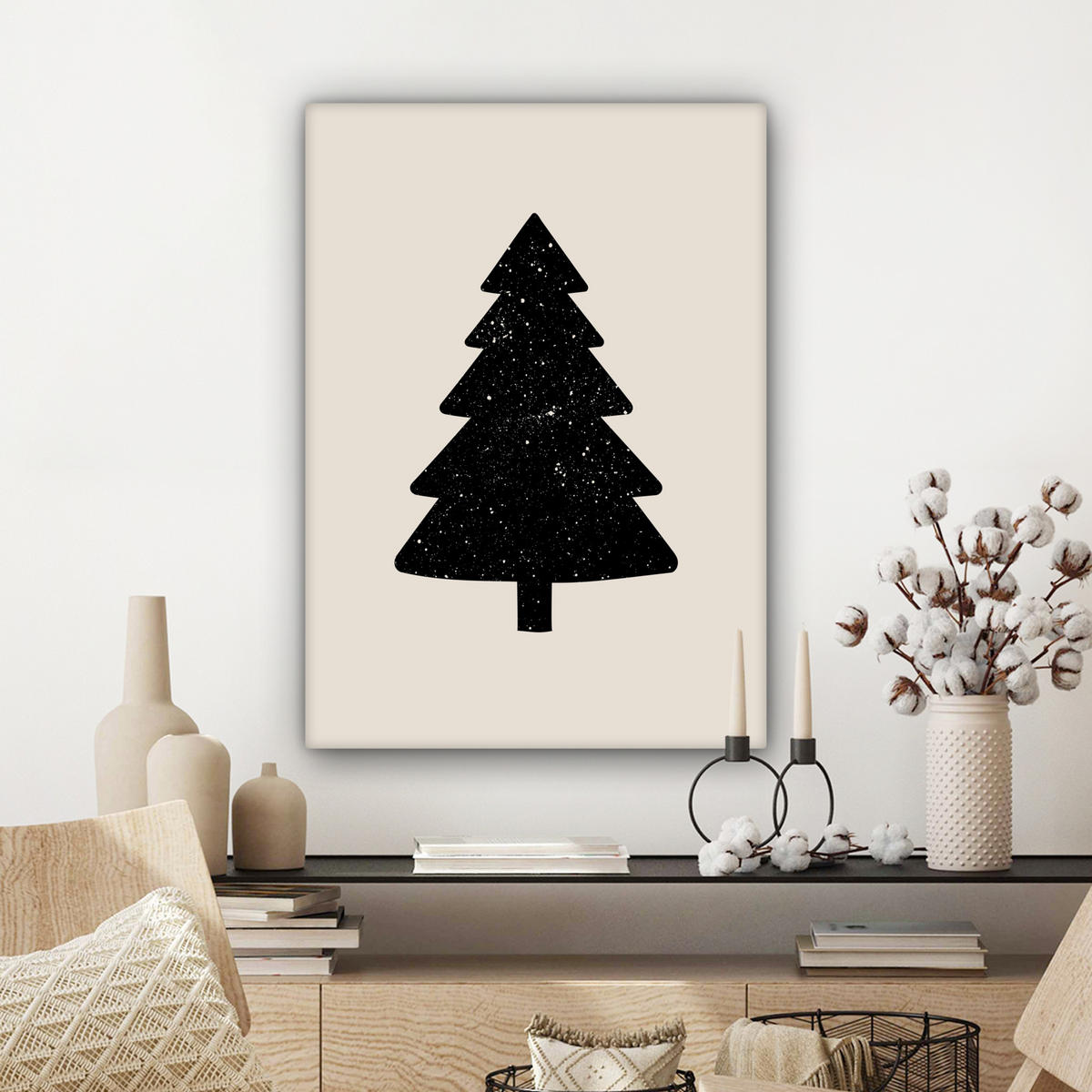 LEINWANDBILD Weihnachtsbaum - Schwarz - Urlaub - Beige 60x80 cm - Schwarz, Textil (60/80cm) - MuchoWow