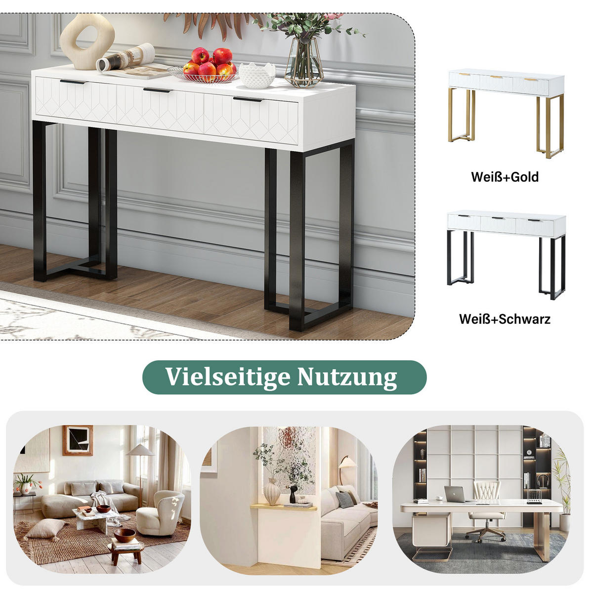 KONSOLENTISCH aus MDF 120x36x80 cm Schwarz/Weiß mit Schubladen und goldfarbenem Metallgestell - Schwarz, Holzwerkstoff (36/120/80cm) - IVMEU