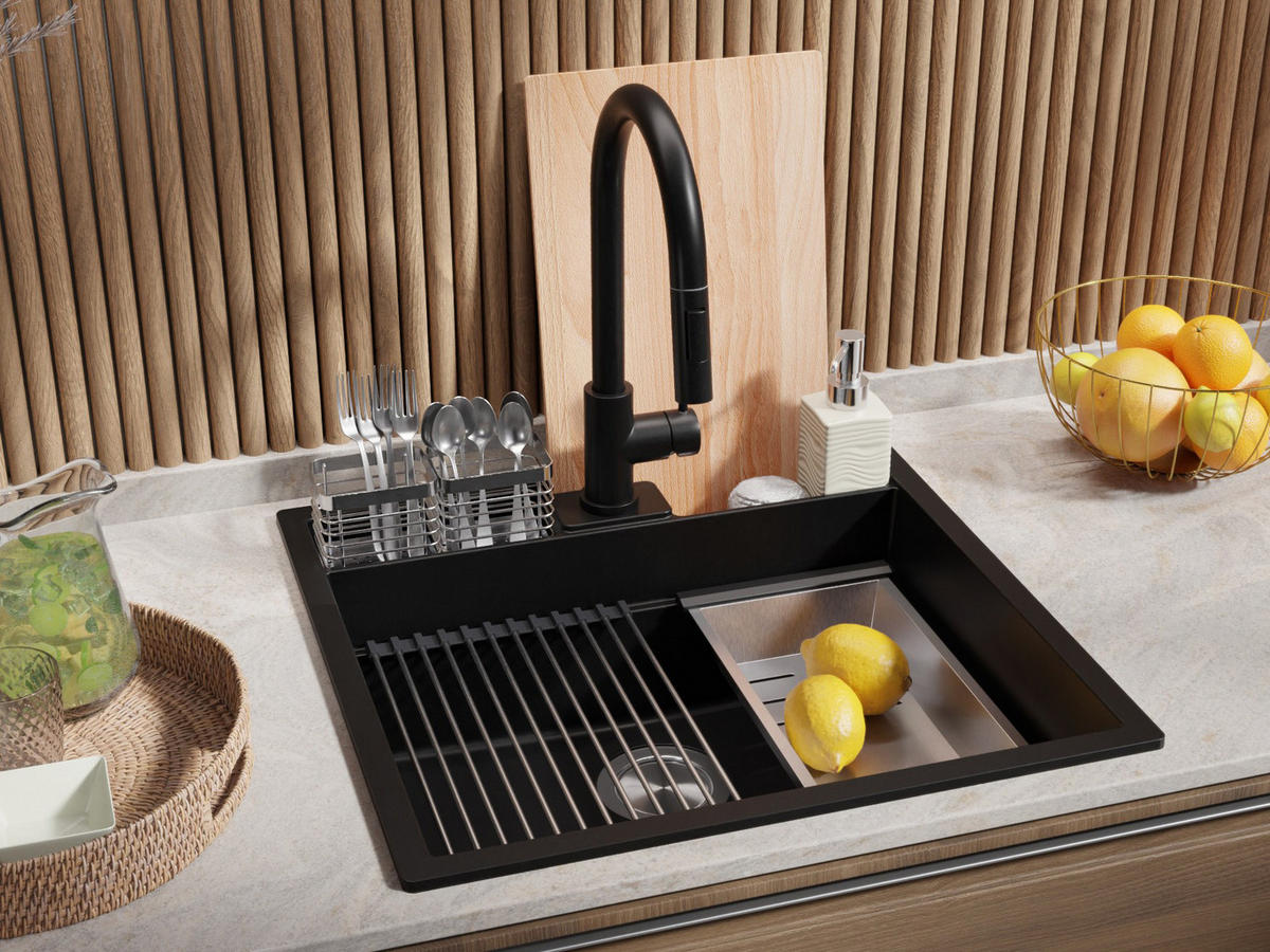 SPÜLBECKEN Bergen Pocket, 2-er set Schwarz 56/54 cm 1 Becken + Ablauf-Set + Küchenzubehörset ab 60er Unterschrank - Chromfarben/Beige, Kunststoff (56/20/54cm) - Primagran