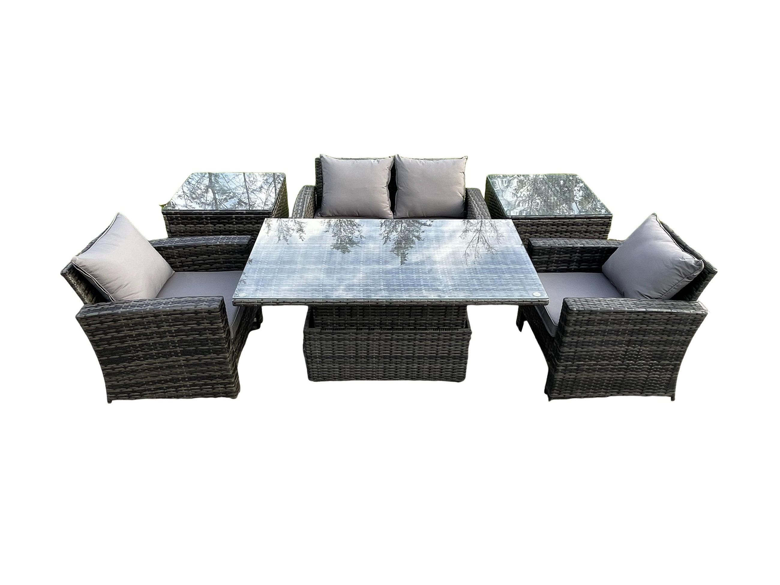 GARTENMÖBEL-SET ESSGRUPPE LOUNGE Esstisch MIT SOFA 2 BEISTELLTISCHE Polyrattan Dunkelgrau Gemischt - Dunkelgrau, Metall - Fimous